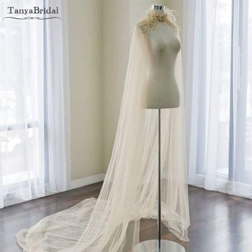 Champagne Luxury Wedding Cape Lace Beaded and feather Elegant Bridal Shawl 2m Length Tulle Wedding Wrap Custom made DJ008