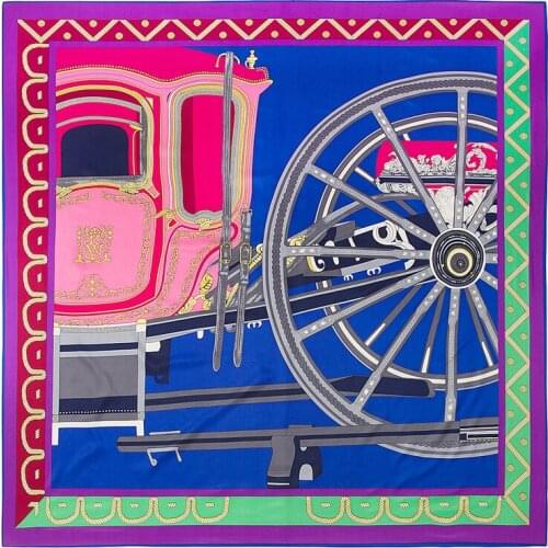 POBING Luxury Brand 100% Silk Scarf Women Geometric Carriage Wheels Pattern Silk Scarves&Wraps Female Foulard Big Neckerchief