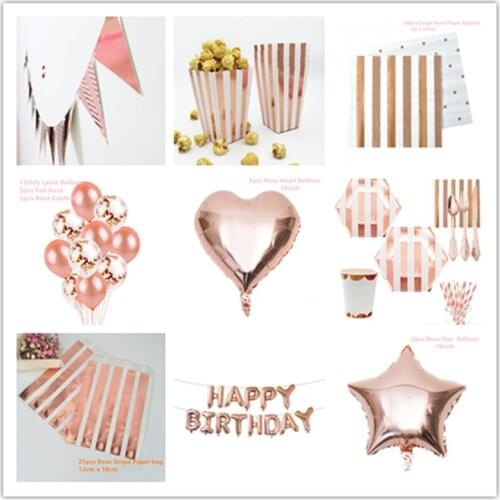 Rose Gold Party Decor Disposable Paper plate Cup Straws Popcorn Box Number Balloons for Birthday Kids Baby Shower Party Supplies