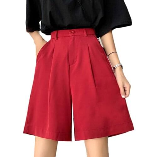 Hot sale Women Summer Shorts Red Black High Waist Straight Suit Five-point Pants Female Summer Loose Casual Wide Leg Shorts J408