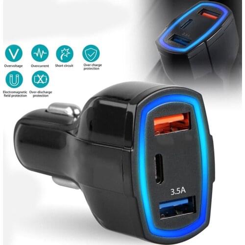Universal Mobile Phone Chargers Adapter QC3.0 Quick Charge Adapter 2 USB Port +Type-C Fast Car Charger 5V/3.5A