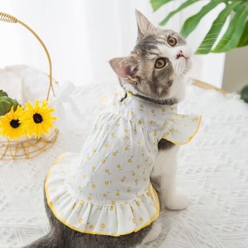 Summer&spring Pet Clothes Cat Breathable Dress Sunflower Print Lace Sleeves Dress Cat Floral Princess Sweet Clothes Pet Supplies