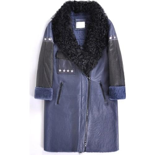 Winter Genuine Leather Jacket Women Natural Sheep Shearing Coat Female Real Fur Collar Wool Leather Jacket Double Faced Coat 701