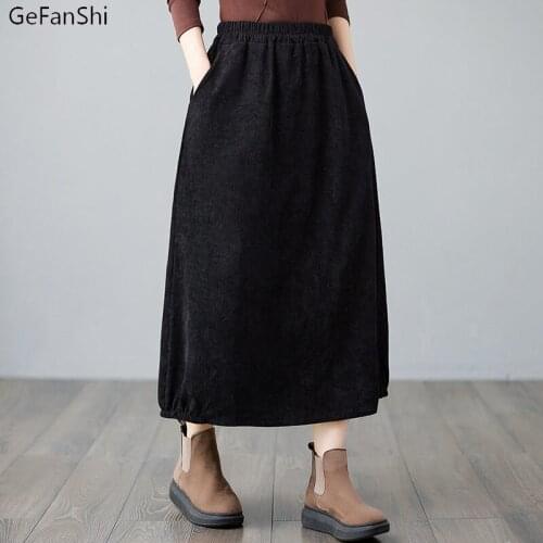 New Arrival Women Skirt Corduroy Solid Elastic Waist Female Long Skirt Autumn Winter Elegant Ladies Fashion A-line Skirts