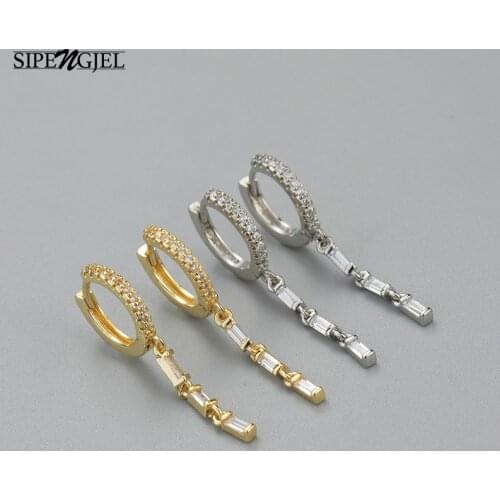 SIPENGJEL Elegant Square Shape Crystals Drop Earrings Charm Zircon Small Hoop Earrings For Women Pendants Jewelry 2021