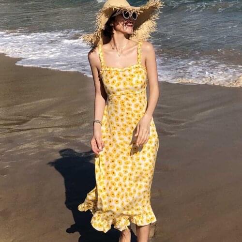 Women Yellow Floral Dress for Holiday 2021 Summer Dress Ruffles Strap Sleeveless A Line Boho Beach Midi Dress Vestido De Mujer