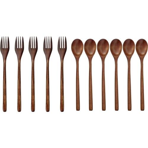 11 Pcs Tableware: 5 Pcs Wooden Forks Eco-Friendly Japanese Wood Salad Dinner Fork & 6 Pcs Wooden Spoons Soup Spoons