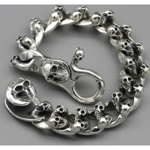 14mm Real heavy 925 Sterling Silver men Skull Carved Link chain Punk bangle Bracelet jewelry gift A5162