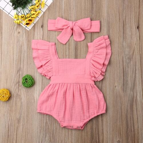 2 Pcs Newborn Baby Girl Clothes Romper Sets Casual Summer Infant Ruffle Short Sleeve Romper + Bowknot Headband Outfits 0-18M