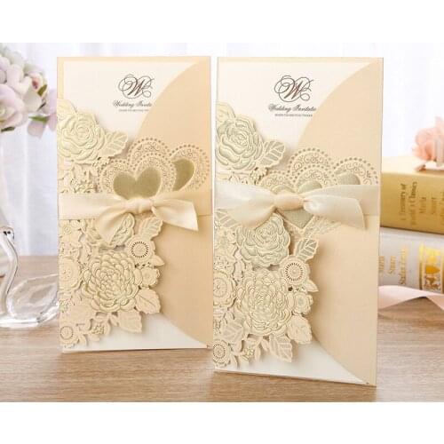 30pcs Gold Glitter Paper Laser Cut Wedding Invitation Card With Ribbon Personalized Wedding Decor Party Supplies