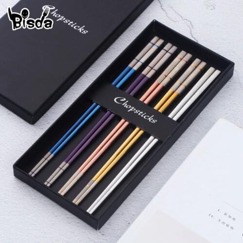 5/10 Pairs stainless steel Chopsticks Chinese Non-slip Chopsticks Set With Gift Box Black Sushi Chop Stick For Dinner For Gift