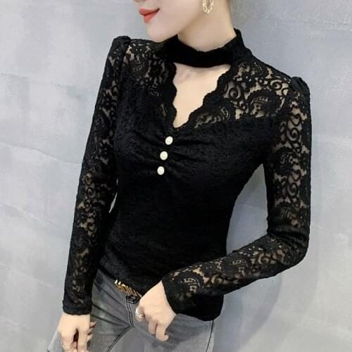 #5644 Black Beige Pink Basic Lace T Shirt Women Stand Collar Sexy Stretch T Shirt Femme Hollow Out Slim Tight Lace Top Female