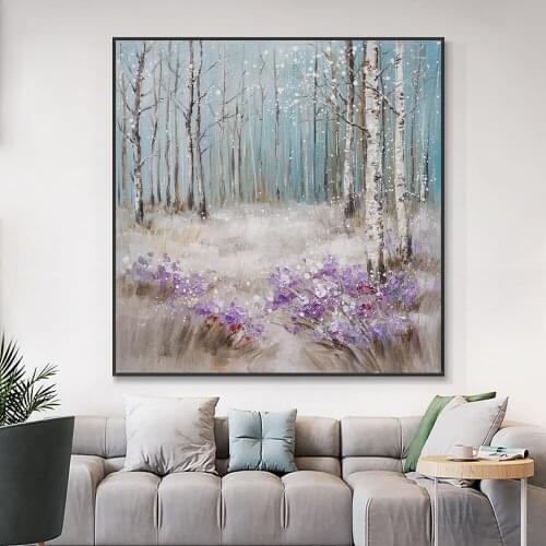 Abstract Trees With Light Purple Flowers Painting 100% Hand Painted Oil Painting On Canvas Modern Wall Art For Home Decoration