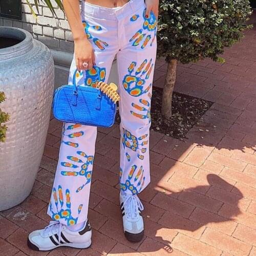 Y2k Print Wide Leg Pant Casual Fashion High Street Button Trouser 2021 Autumn High Waist Elegant Vintage Women Straight Pant