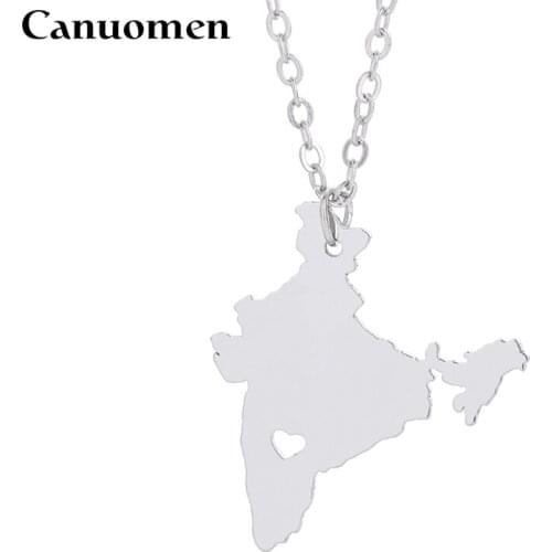 Canuomen India Map Pendant with Love Heart Stainless Steel Geography Country Souvenir Unique Gift Women Charm Necklaces Jewelry