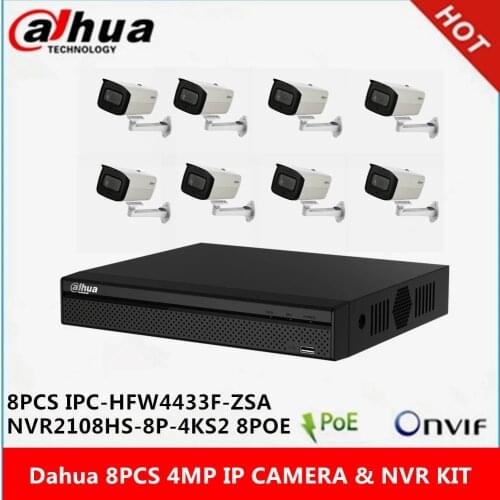 Dahua 8pcs IPC-HFW4433F-ZSA built-in Mic 2.7-13.5mm zoom lens 4MP Camera & NVR2108HS-8P-4KS2 8CH with 8 POE NVR support P2P