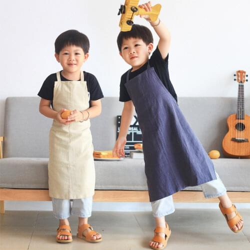 Childrens Painting Clothes Japanese-style Simple Parent-child Apron Solid Color Linen Painting Bib Home Overalls