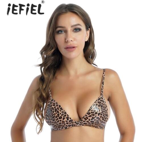 Women Wet Look Leopard Print Crop Bra Top Sissy Clubwear Adjustable Spaghetti Strap Bikini Top Lingerie Costumes for Nightclub