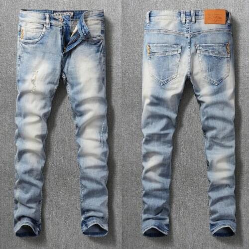 Korean Style Fashion Men Jeans High Quality Retro Light Blue Embroidery Designer Ripped Jeans Men Streetwear Hip Hop Slim Pants