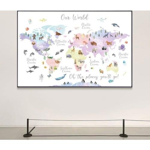 Animal World Map Children Educational Poster Picture Kindergarten Game Wall Art Canvas Printing Painting Home Bedroom Decoration
