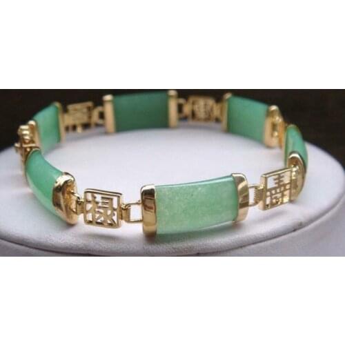 Pretty Natural Green Jade Gemstone Gold Plated Fortune Lucky Link Bracelet