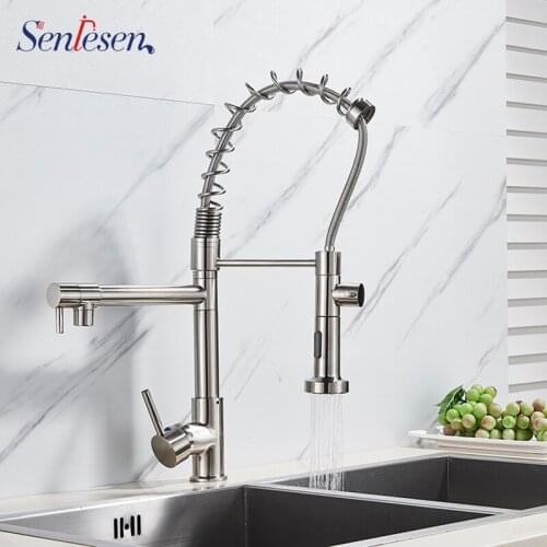 Senlesen Brushed Nickel Kitchen Brushed Nickle Kitchen Faucet Pull Out 2-Function Switch Swivel Spout Sink Mixer Tap