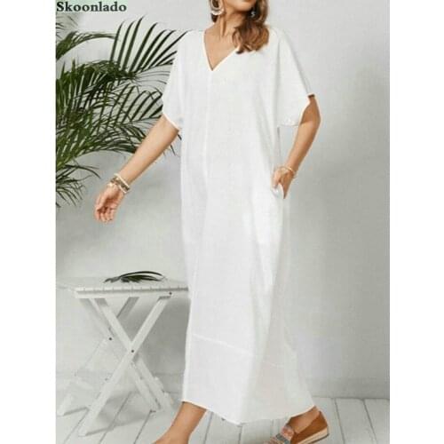 Summer women long cotton linen dresses good quality soft healthy material Vneck original design lady clothes female summer loose