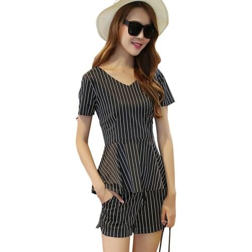 Summer two-piece suit girl striped top short-sleeved shirt ladies jacket + shorts suit ladies two-piece sportswear