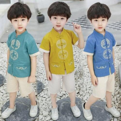 Summer new style boys costume embroidery suit Chinese style embroidery Tang suit costume cotton and linen childrens clothing SP