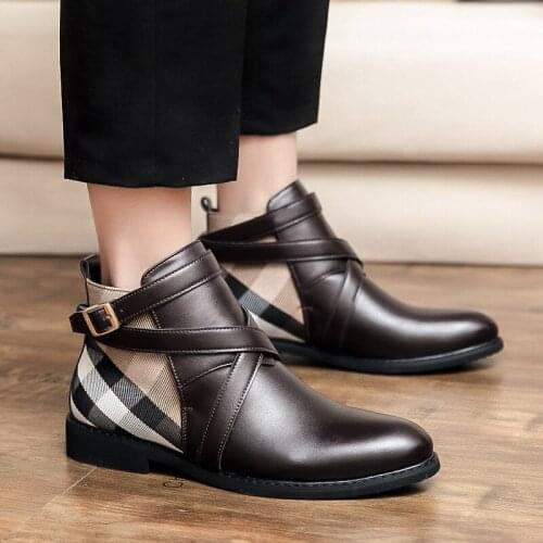 New Mens High Top Plaid Buckle Casual Shoes Mens PU Material Mens Boots Comfortable Versatile Hot Sale BasicCasualft65