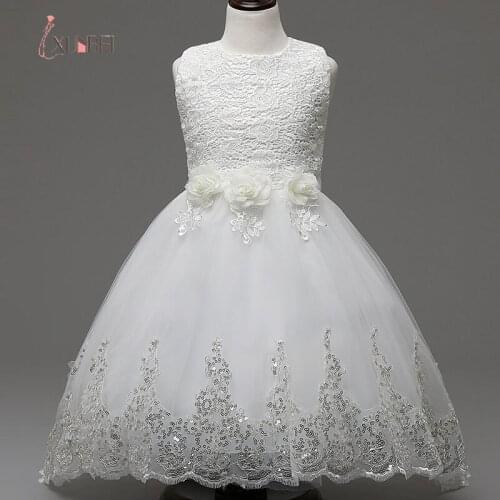 White Flower Firl Dress Sequins Tull Bow Knee-Length Lace Appliques Draped Ruched First Communion Princess Ball Gowns 3-12 Years