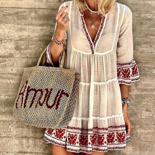 Women Sexy V Neck Party Dress Summer Casual Elegant Draped Ruffle Boho Lady Dress Vintage Print Flare Sleeve Loose Beach Dresses