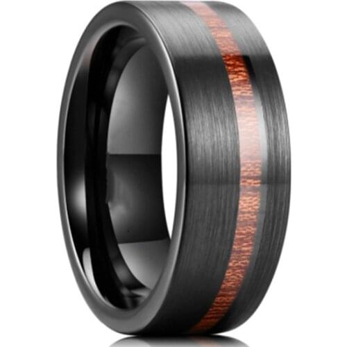 Flat Band Wood Ring Black Tungsten Wedding Band For Men And Women With Offset Groove Real Wood Inlay for Anniversary Gift