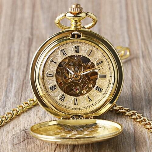 Full Gold Color Skeleton Smooth Pocket Watch Hand Wind Mechanical Roman Numerals FOB Watches Men Double Open Clock for men Women