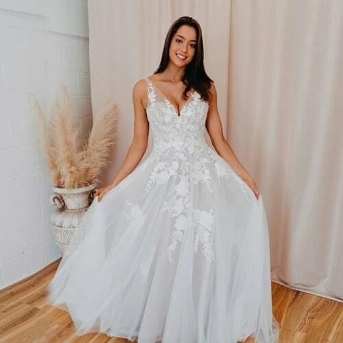 A-line Spaghetti Straps V-Neck Soft Tulle Lace Appliques Romantic Wedding Dress Grey Tulle Plus Size Bridal Gowns