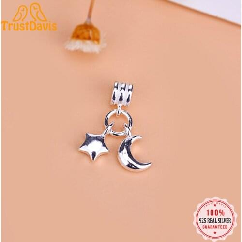 TrustDavis Real 925 Sterling Silver Fashion Star Moon Charm Pendant For Bracelet or Necklace DIY Accessories Fine Jewelry HY133