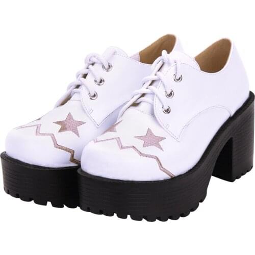 Lolita shoes round head Japanese embroidery stars tie student shoes Heavy-Bottomed High help Vintage Sweet Lolita Shoes cos loli