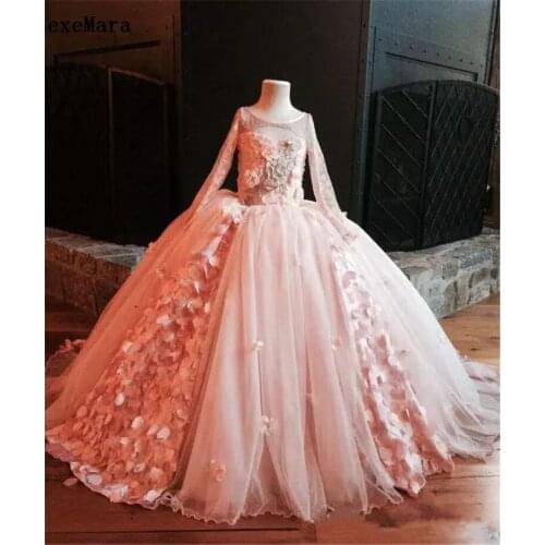 Vintage Girls Pageant Dresses Pink Flower Girl Dresses For Wedding Lace Long Sleeve Applique Sweep Train Birthday Gown