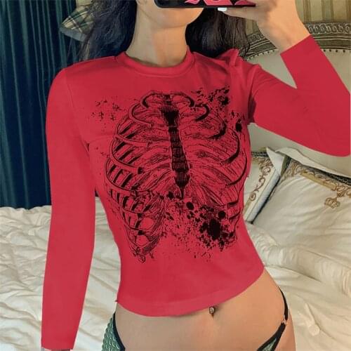 2021 Fashion Gothic Punk Skeleton Print T-Shirt Women Long Sleeve O Neck Slim Fit Crop Top Harajuku Casual Short Tops Streetwear