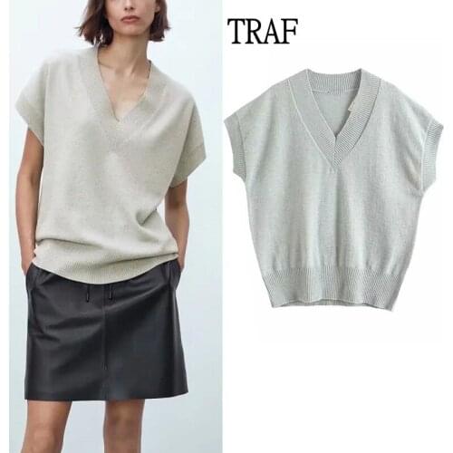 TRAF Za Women Sweater Vest 2021 New Loose Pullover Knitwear Sleeveless Sweater Woman Vintage Top Casual Knitwear Vest Streetwear