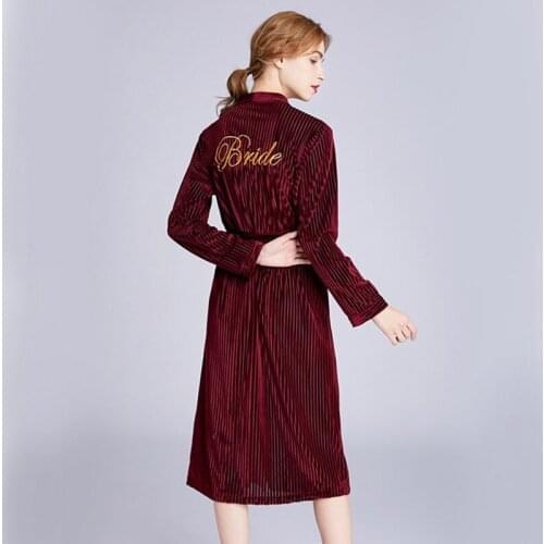 New Wine red Velour Kimono Bathrobe Women Embroidery Bride Bridesmaid Wedding Robe Dressing Gown Sexy Long Sleepwear M L XL