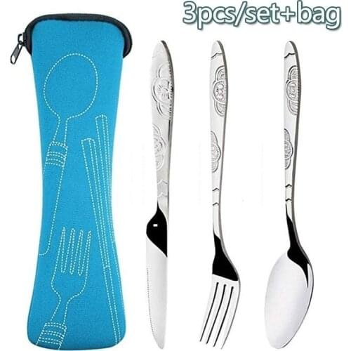 3pcs Set Dinnerware Portable Printed Stainless Steel Spoon Fork Steak Knife Set Travel Cutlery Tableware with Bag