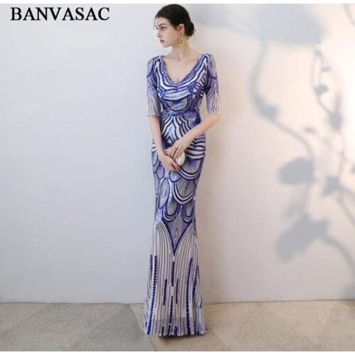 BANVASAC Sexy Deep V Neck Sequined Pattern Mermaid Long Evening Dresses Elegant Party Illusion Half Sleeve Prom Gowns