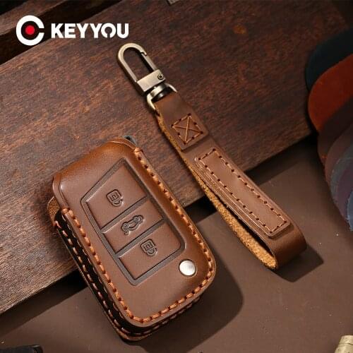KEYYOU 3 Buttons Genuine Leather Car Key Case For VW Seat Golf7 MK7 Touran Polo Tiguan Skoda MQB VII Golf 2017 Polo Half Smart