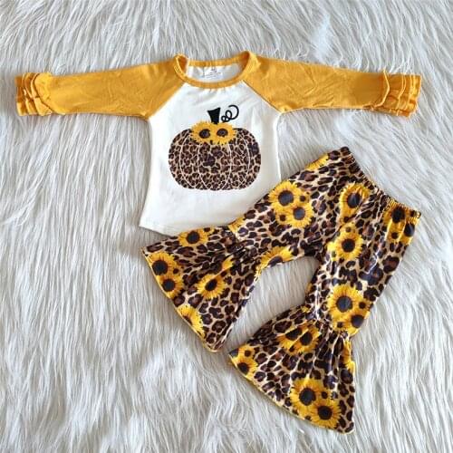 2Pcs Kids Halloween Set, Pumpkin Sunflower Leopard Print O-Neck Long Sleeve Tops+Flared Trousers for Toddler Girls 6Month-4Years