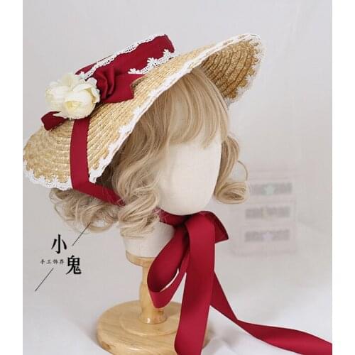 French Sweet Lolita Lace Bandge Bow Straw Hat Flat Hat Summer Cosplay Pastoral style Mori Girl Tea Party Sunhat Beach Cap