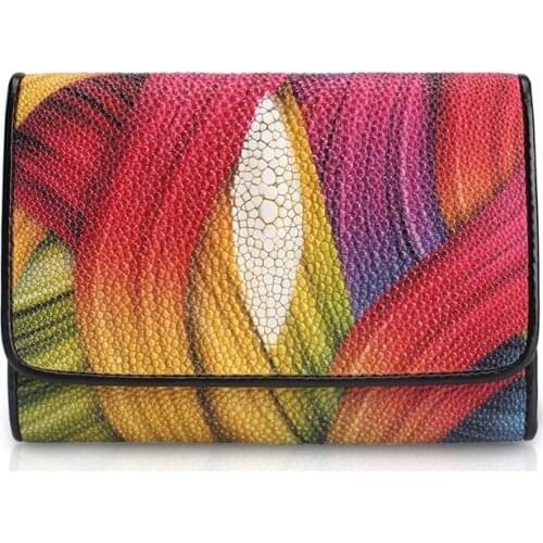 Fancy Colorful Printed Designer Thailand Genuine Stingray Skin Leather Female Short Card Holder Wallet Lady Small Trifold Purse