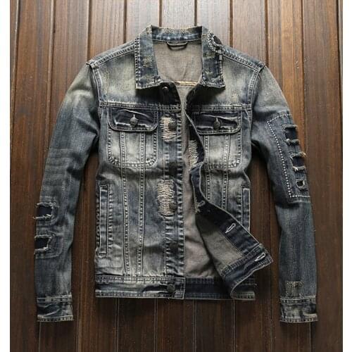 Jeans coat male street individuality Europe and the United States broken hole patch embroider thread decorates jacket jacket jac