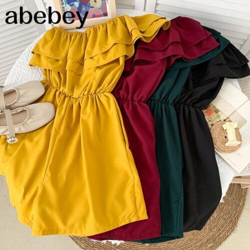 2021 New Summer Fashion All-match off shoulder slash neck Rompers high waist slim ruffles wide leg Rompers