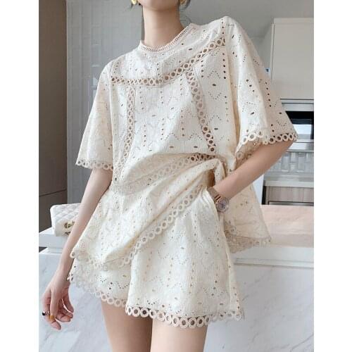 LMQ NEW XiaoXiangFeng Suit Female Summer Hollow Embroidered Western Style Blouse Shorts Loose Korean Office Lady Two-Piece Set